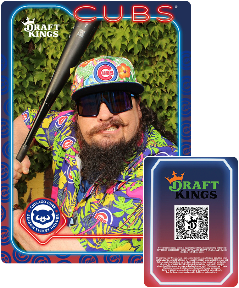 A man in a floral shirt, Cubs hat, and sunglasses holds a baseball bat. DraftKings and Chicago Cubs logos are displayed, along with a QR code on a card in the foreground.
