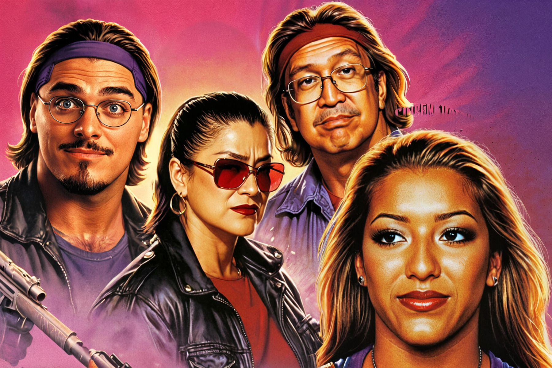 Four people pose against a gradient backdrop—two in glasses and leather jackets, one with a rifle, and one in sunglasses—perfect for Photo Booth Rental Services.