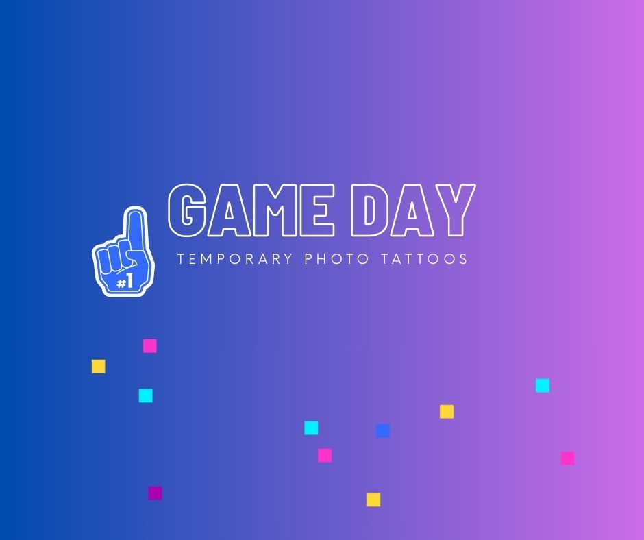 Gradient background with Game Day Temporary Photo Tattoos, a foam finger icon, and colorful squares—perfect for brand activation photos or a nationwide photo booth rental.