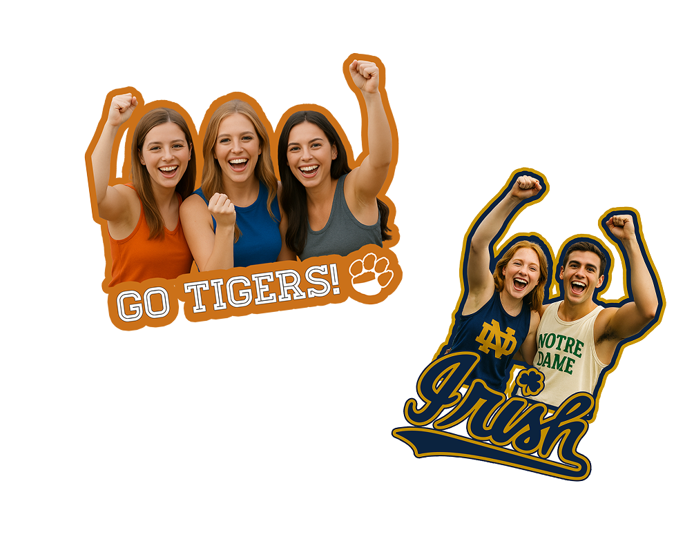 Three women in orange and blue shirts cheer with Go Tigers! text; a man and woman in Notre Dame shirts cheer with Irish text.