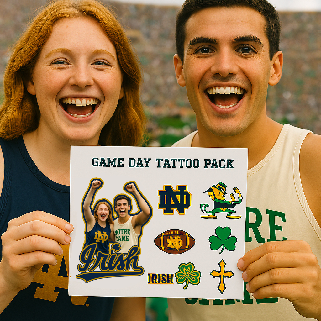 Two smiling fans at a sports event hold up a Game Day Tattoo Pack featuring Notre Dame tattoos—perfect for brand activation photos or nationwide photo booth rental moments.
