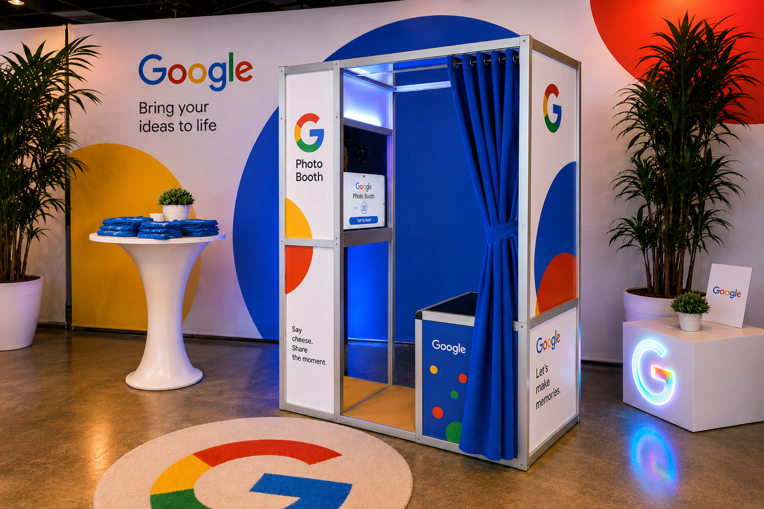 A Google-branded photo booth rental Chicago stands in a corner, surrounded by potted plants, branded decor, and a table with stacked blue T-shirts.