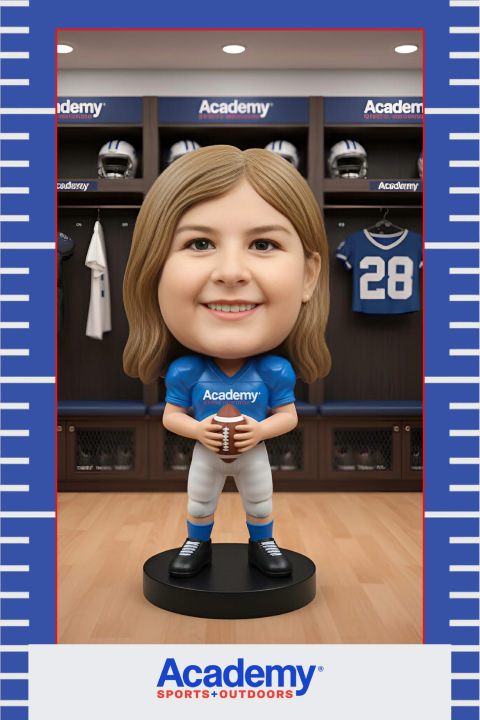AI Photo Booth Generated Image of a Bobblehead figure with a smiling face, wearing a blue Academy jersey and holding a football, stands in a locker room with sports gear and jerseys in the background.