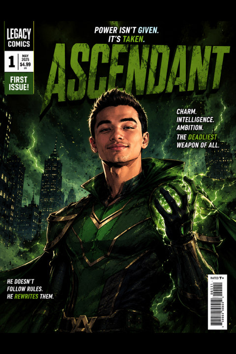 A superhero in green and black armor stands confidently with a glowing hand, set against a nighttime cityscape. The comic book cover features the title Ascendant and promotional text.