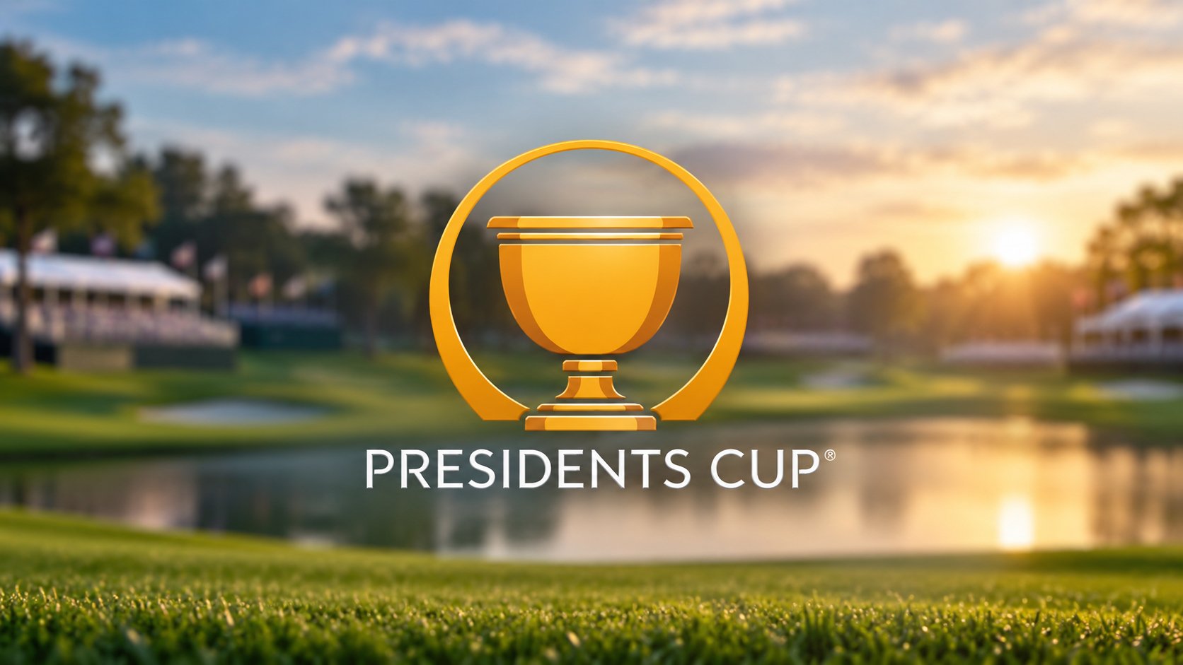 The Presidents Cup logo is shown over a golf course at sunrise, resembling a branded trading card experience with a golden trophy icon and the words Presidents Cup displayed.