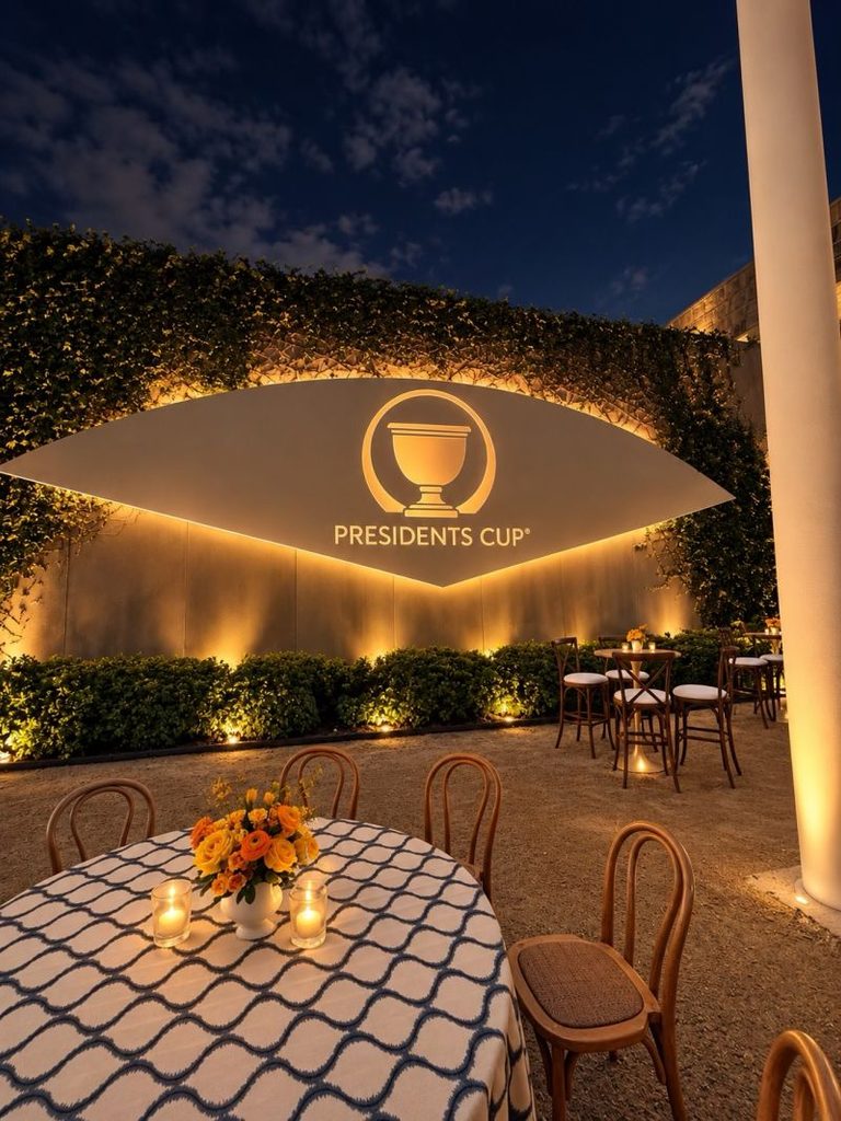 An outdoor dining area with round tables, floral centerpieces, lit candles, and a Presidents Cup logo wall—plus a Trading Card Photo Booth Rental for unique custom trading cards.