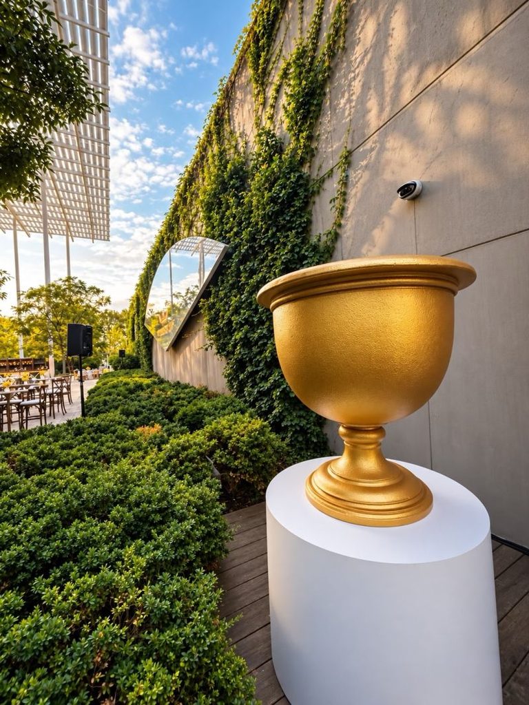 A large golden trophy-shaped cup sits on a white pedestal outdoors, perfect for a branded trading card experience near a vine-covered wall and green shrubs under a partly cloudy sky.